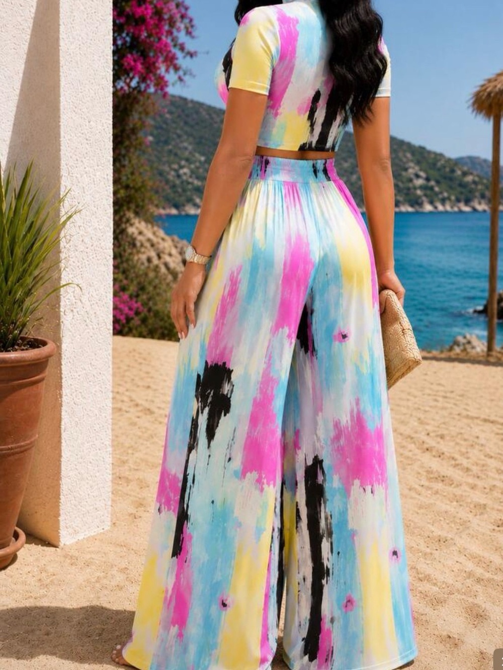 Source Unknown Pink Multi Paint-Print Cropped Tee & pants set